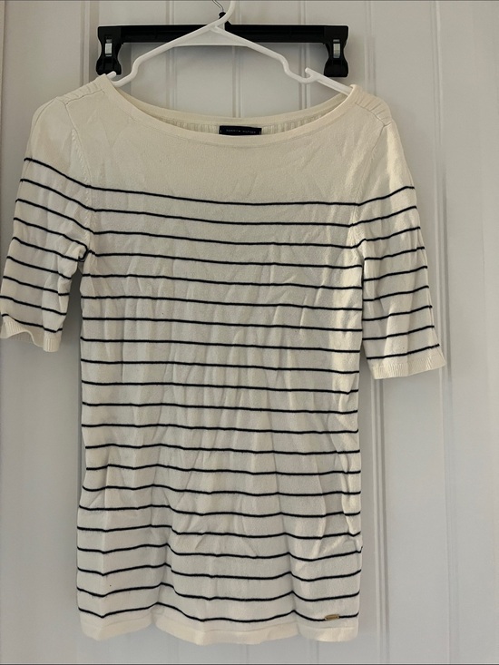 Tommy Hilfiger Tops - Tommy Hilfiger Ivory Top with Black Stripes - Boatneck Short Sleeve